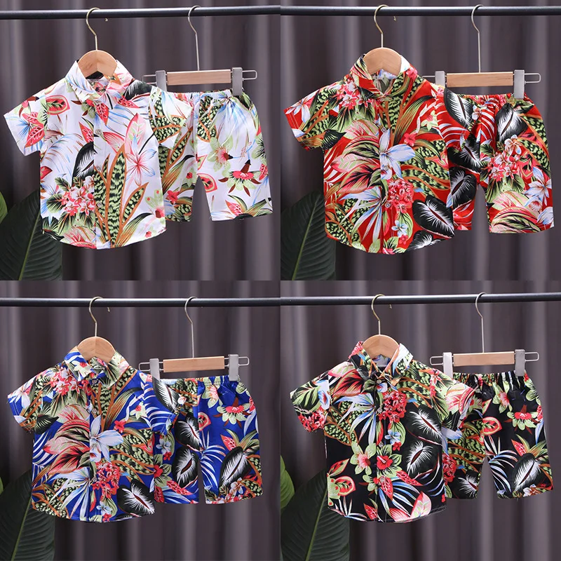 Summer New Children's Printed Shirt Set, Boys Fashion Casual Short Sleeve Two Piece Set