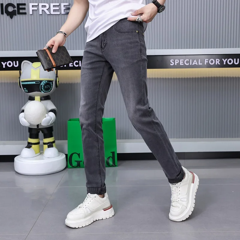 2024new summer thin dark gray stretch jeans MEN'S simple fashion casual trend all-match slim fit skinny pants