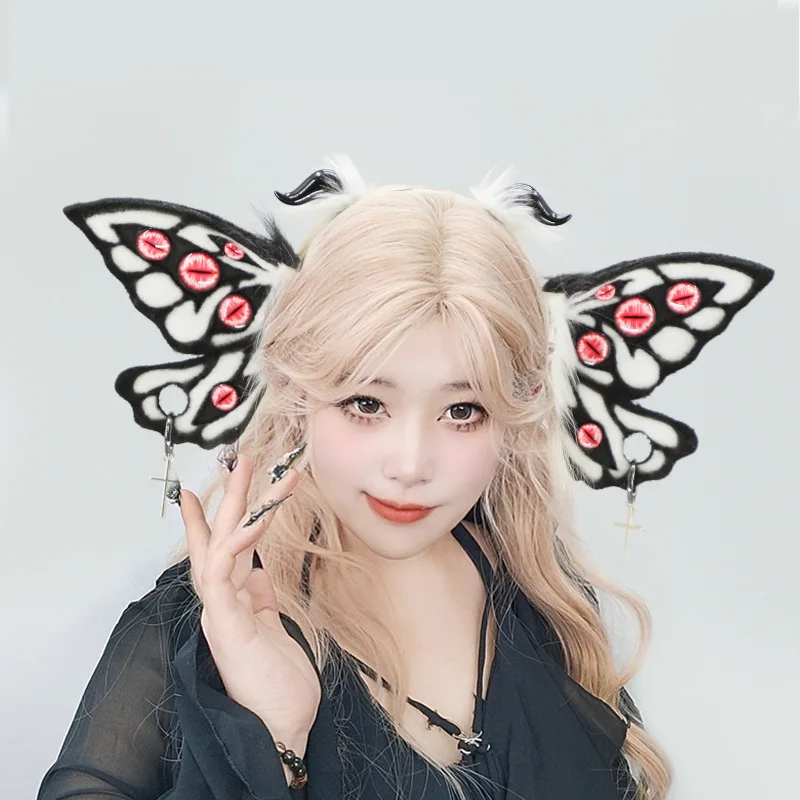 Women Girls Fantasy Evil Eye Headdress Plush Moth Ears Hairband Furry Lolita Headband Anime for Halloween Cosplay Accessories