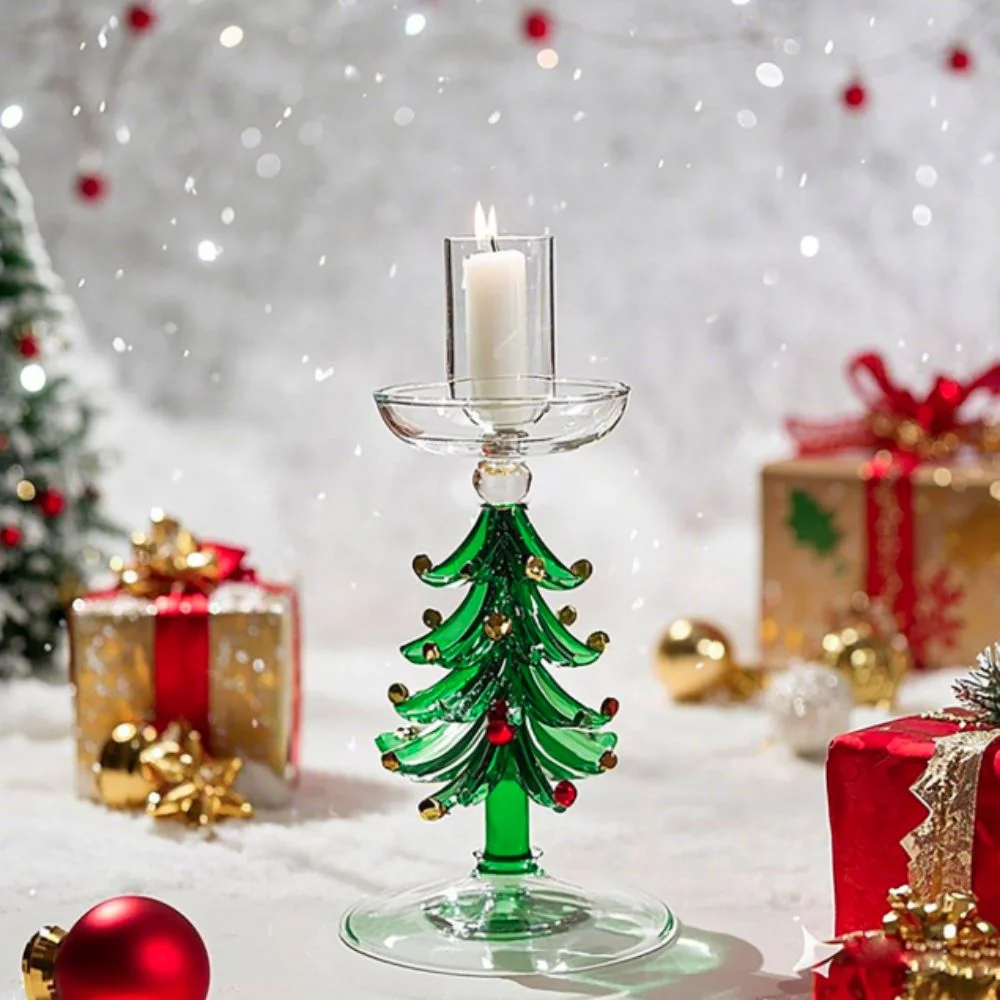 Creative Nordic Style Christmas Trees Candlestick Glass Large Pallet Candle Stand Prevent Dripping Slim Candle Holder Party