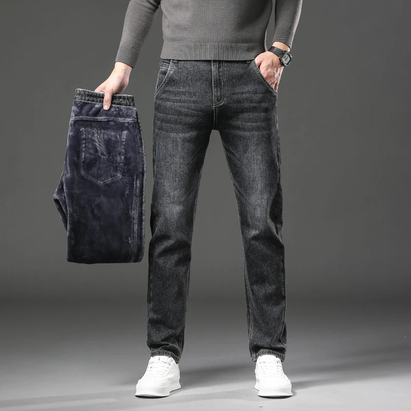 Warm Fleece Winter Jeans Men's Thicken Elastic Thermal Denim Pants Business Straight Casual LPlush Velvet Trousers Gray Blue