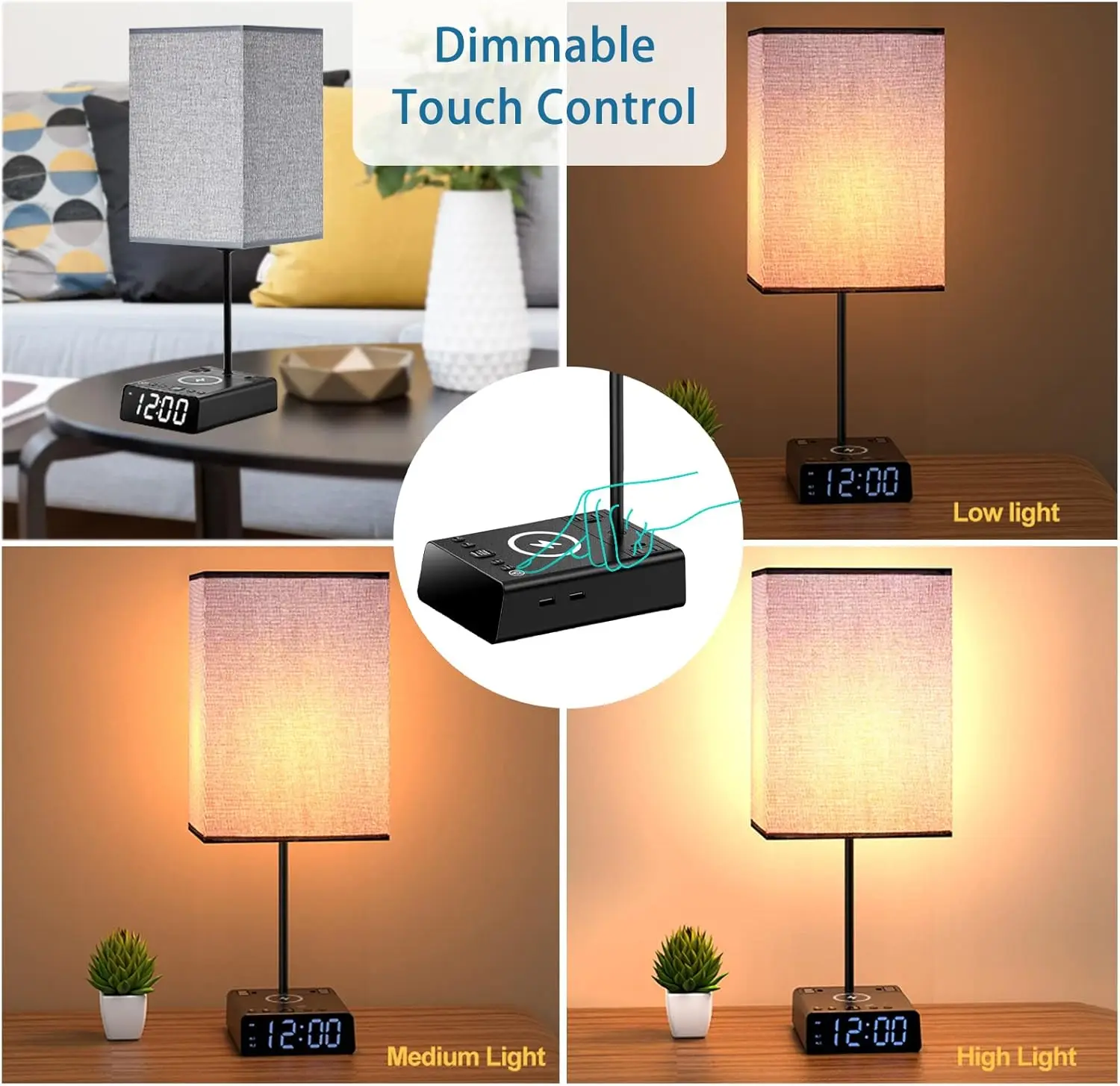 

Bedside Lamp With Usb Ports & Ac Outlets, 15W Wireless Charger Table Lamp With Clock, 3 Way Dimmable Nightstand Lamps For
