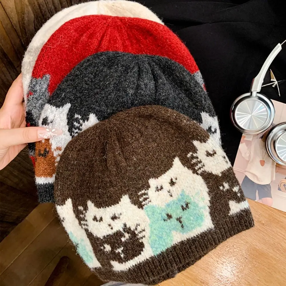 Sweet Warm Jacquard Cat Knitted Hat Printed Wool Jacquard Pattern Beanies Korean Retro Printing Knit Cap Apparel Accessories