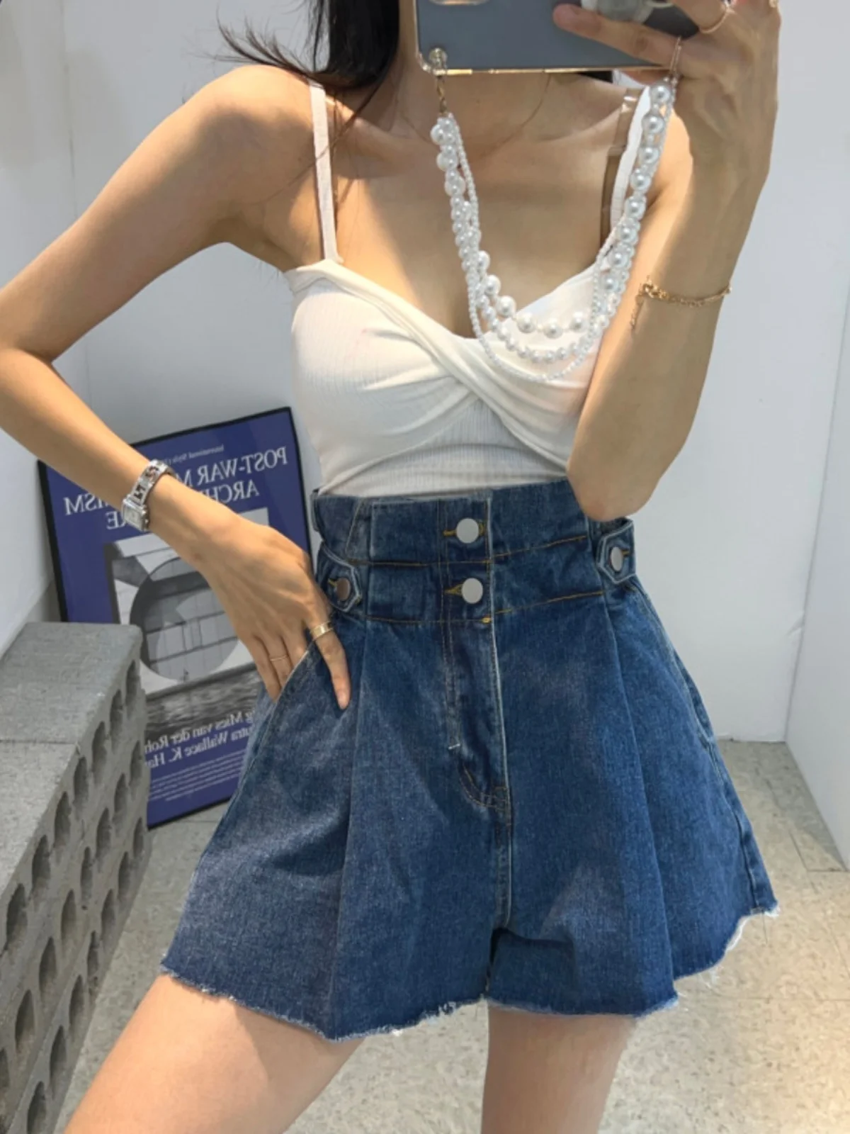 

Свободные джинсы трапециевидной формы с высокой талией, женские повседневные джинсы с двумя пуговицами, широкая юбка, брюки, весна-лето, новый дизайн