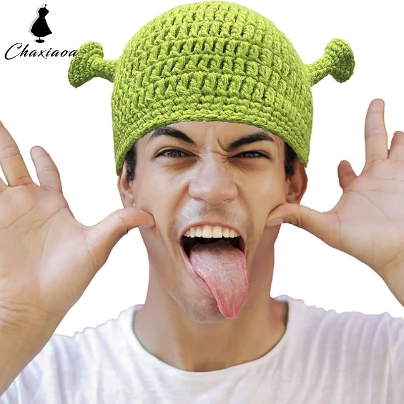 Funny Shrek Hats with Ears, Adult Cosplay Prop Halloween Cosplay, Green Beanie Hat Gifts Beanie Skullies Cap for Unisex