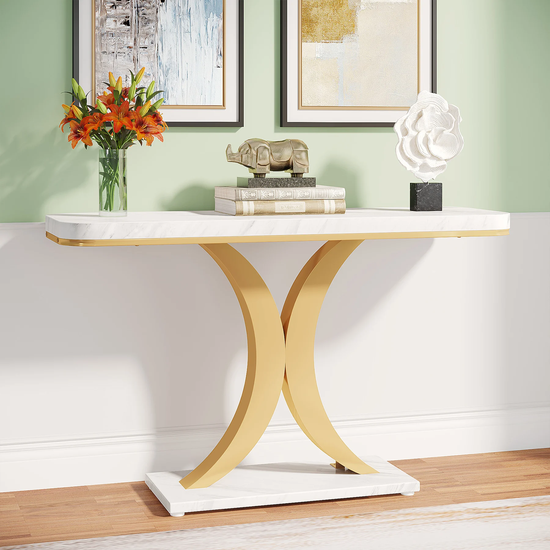 

Tribesigns Modern Gold Console Table, 40 inch Narrow Entryway Foyer Table with Geometric Base, Rustic Hallway Accent Table