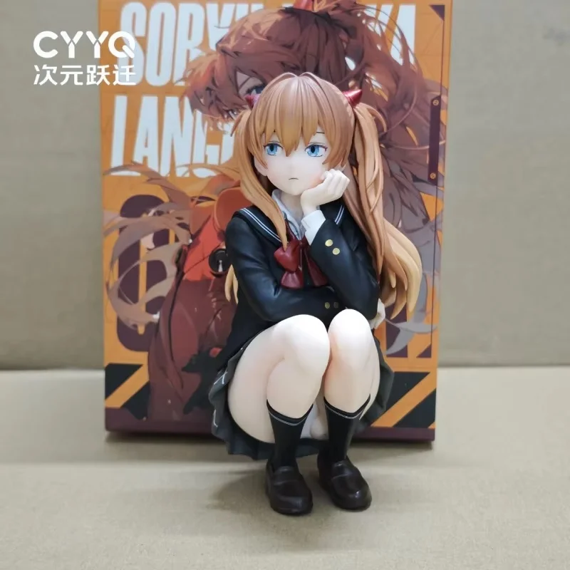 Figura de Acción de PVC de Asuka, Chica Anime, Estilo Académico, en Pose de Sentadilla, Modelo Coleccionable, Decoración para Escritorio de PC, Juguete de Regalo, 14 cm, Talla S