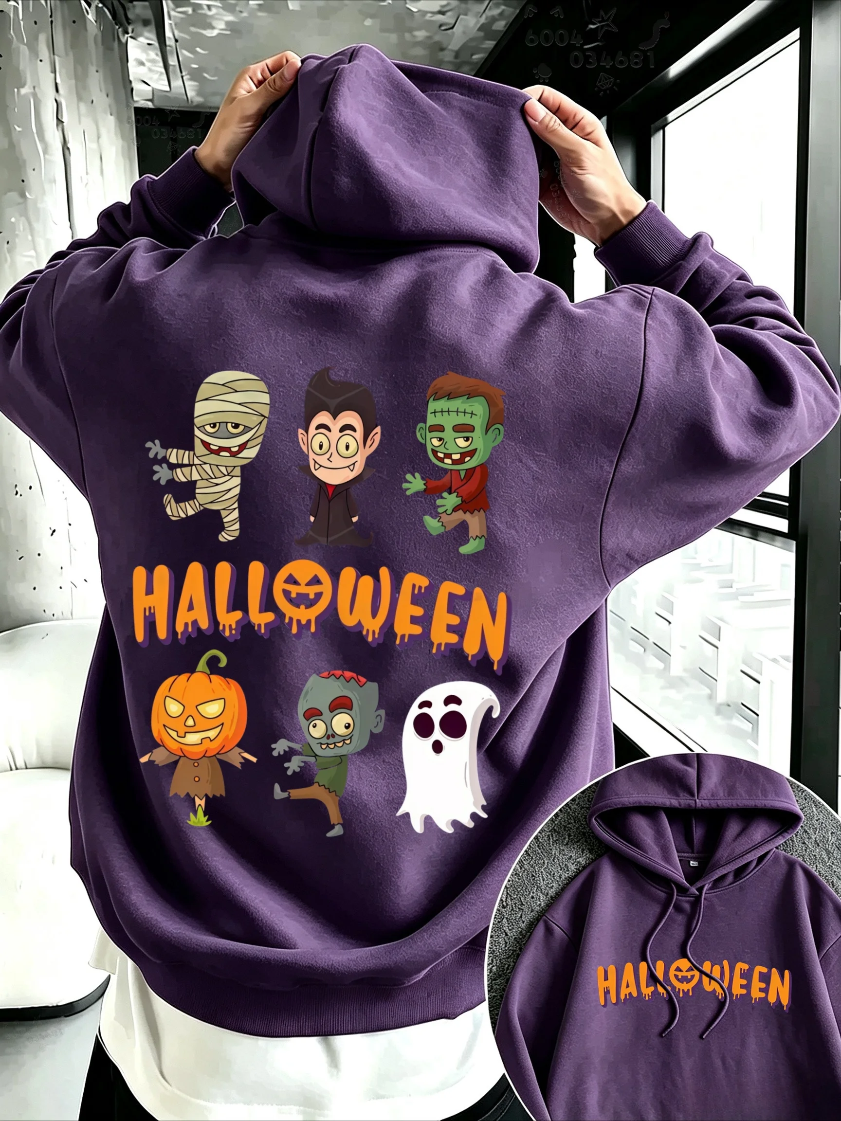 Halloween Men's Street Hoodie with Cartoon Witch, Zombie, Ghost and Pumpkin Double-sided Print, Couple Loose Pullover Sweater