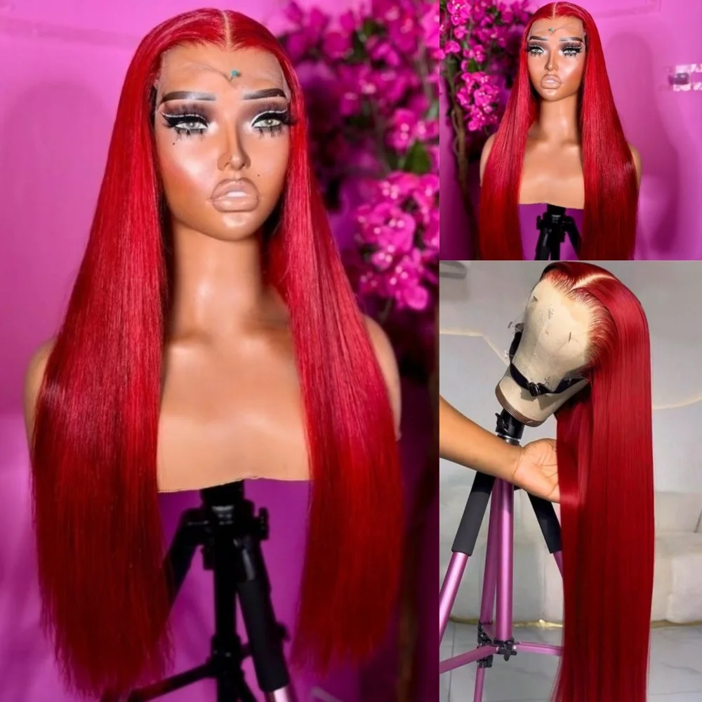 

Длинные прямые парики 13x4 красного цвета с HD-прозрачной кружевной передней частью, предварительно выщипанные, 32 дюйма, синтетические, без клея, для женщин