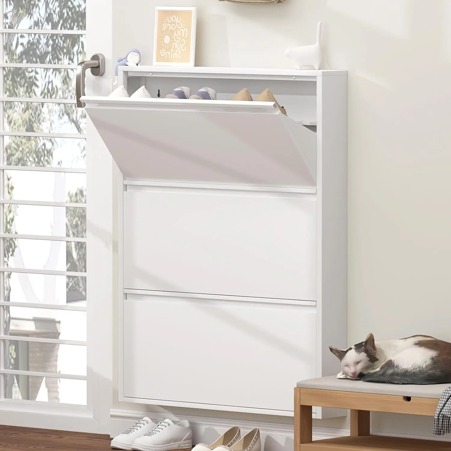 

Shoe Cabinet with 3 Flip Drawers, Metal Entrance Shoe Cabinet Storage for Entryway, Modern Hidden Narrow Shoe Rack Organ