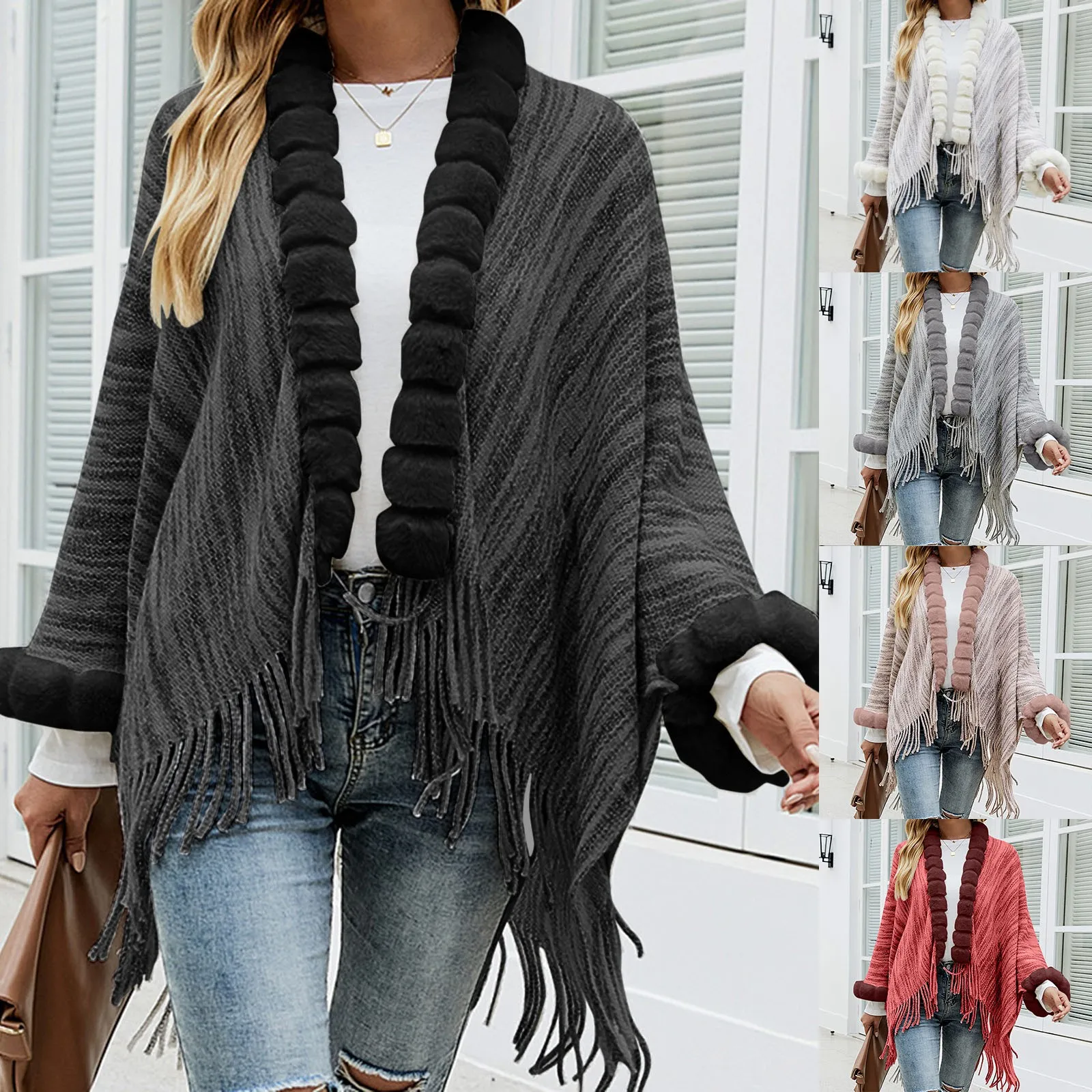 

2024 New Women'S Sweater Cardigans Fashion Tassel Cape And Shawl Sweaters Casual Solid Color Fur Collar Cardigan Coats For Women