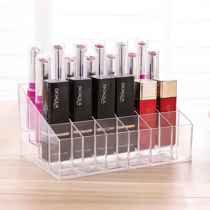 Transparent 24 Grids Acrylic Makeup Organizer Lipstick Holder Display Rack Case Cosmetic Nail Polish Make Up Organiser Tool#059