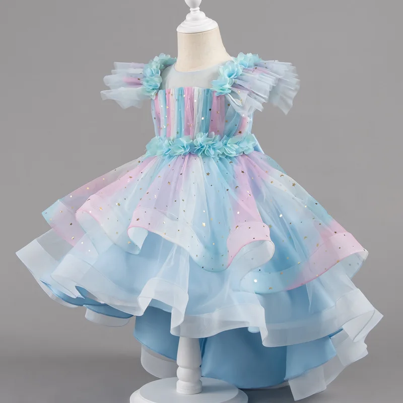 2026 New Girls' Flowing Skirt Puff Sleeve Silk Princess Dress for Wedding, Festival Performance, Children's Dress, Elegant Style