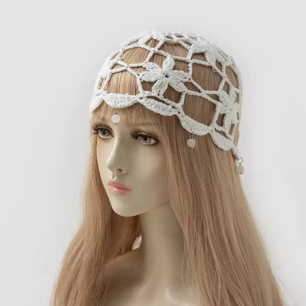 Sweet Bohemian Style Crochet Flower Knitted Hat Thin Handmade Hollowed Out Beanie Cap Ethnic Style Korean Style Woven Cap Summer