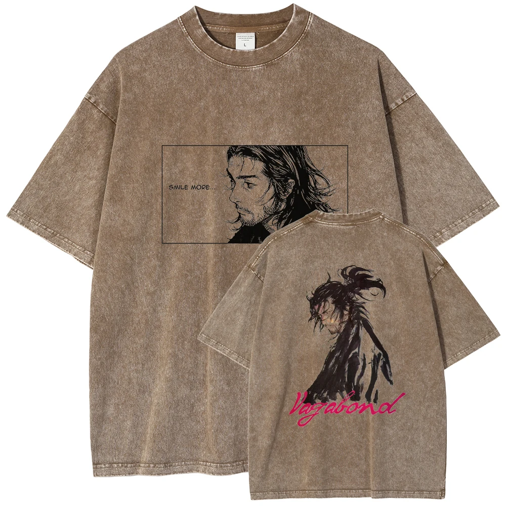 Anime Vagabond Miyamoto Musashi Graphic Tee Unisex Vintage T-shirts Washed Cotton Tshirt Harajuku Oversized Casual Tees T Shirt
