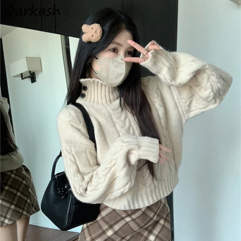

Winter Cropped Pullovers Women Turtleneck Warm Thicken Sweaters Gentle Soft French Style Comfortable High Street All-match Mujer