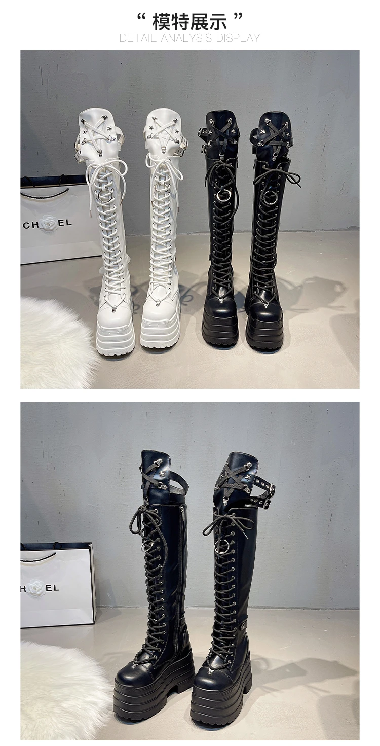 Punk Damenstiefel Cosplay Hohe Stiefel Komfortable Lange Overknee-Stiefel Plateau Hohe Keilabsätze Damenschuhe im Gothic-Stil – Detail 14