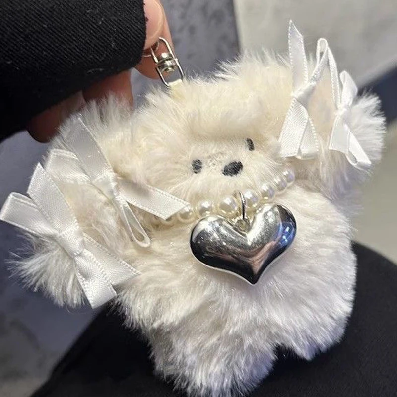 Fashion Rabbit Keyring Lovely Plush Animal Pearl Bowknot Keychain for Women Girls Versatile Bag Heart Pendant Birthday Gift