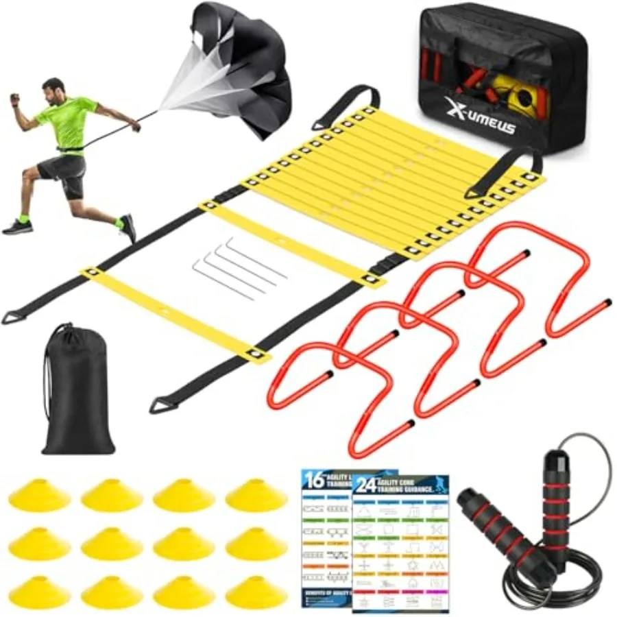

Agility Ladder Speed Training Equipment Set-20ft Agility Ladder, 12 Soccer Cones, 4 Hurdles, Jump Rope, Running Parachute Baske