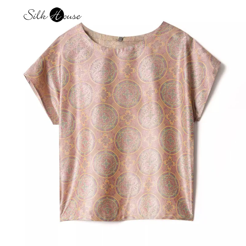 

2025 Early Autumn New Pink Totem Printed 100% Natural Mulberry Silk Song Brocade Round Neck Short Sleeve T-shirt