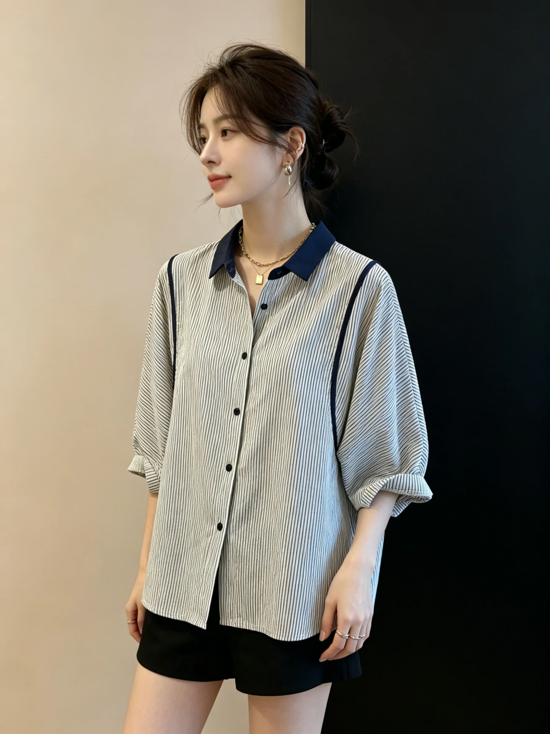 Camiseta de manga corta para mujer Puning, verano 2026, diseño único y hermoso a rayas, que cubre el vientre, corte holgado, estilo coreano, ropa casual
