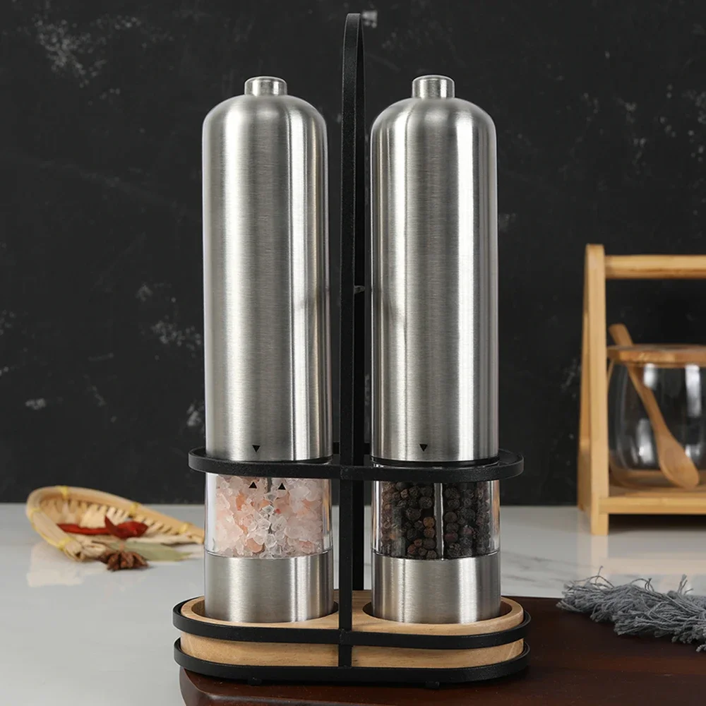 Electric Pepper Grinder with Led Light and Stand Stainless Steel Home Kitchen Seasoning Tool Salt and Pepper Spice Mill