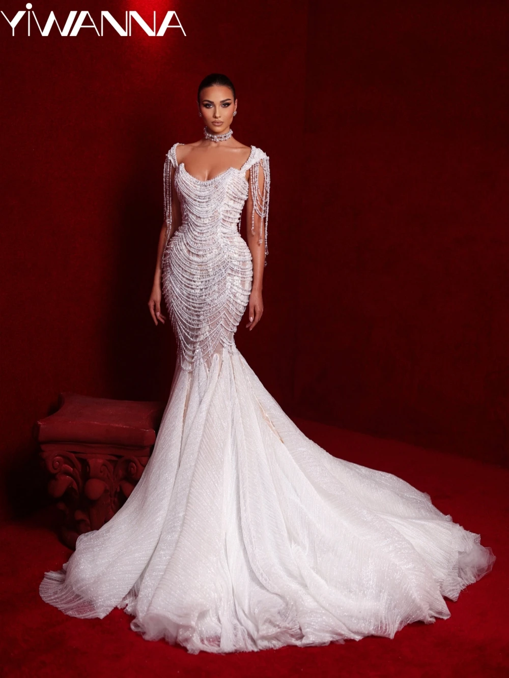 

Glitter Embroidery Pearls Mermaid Long Wedding Dress Charming Tassel Strapless Bridal Gown Customized Dreamy Dresses For Bride