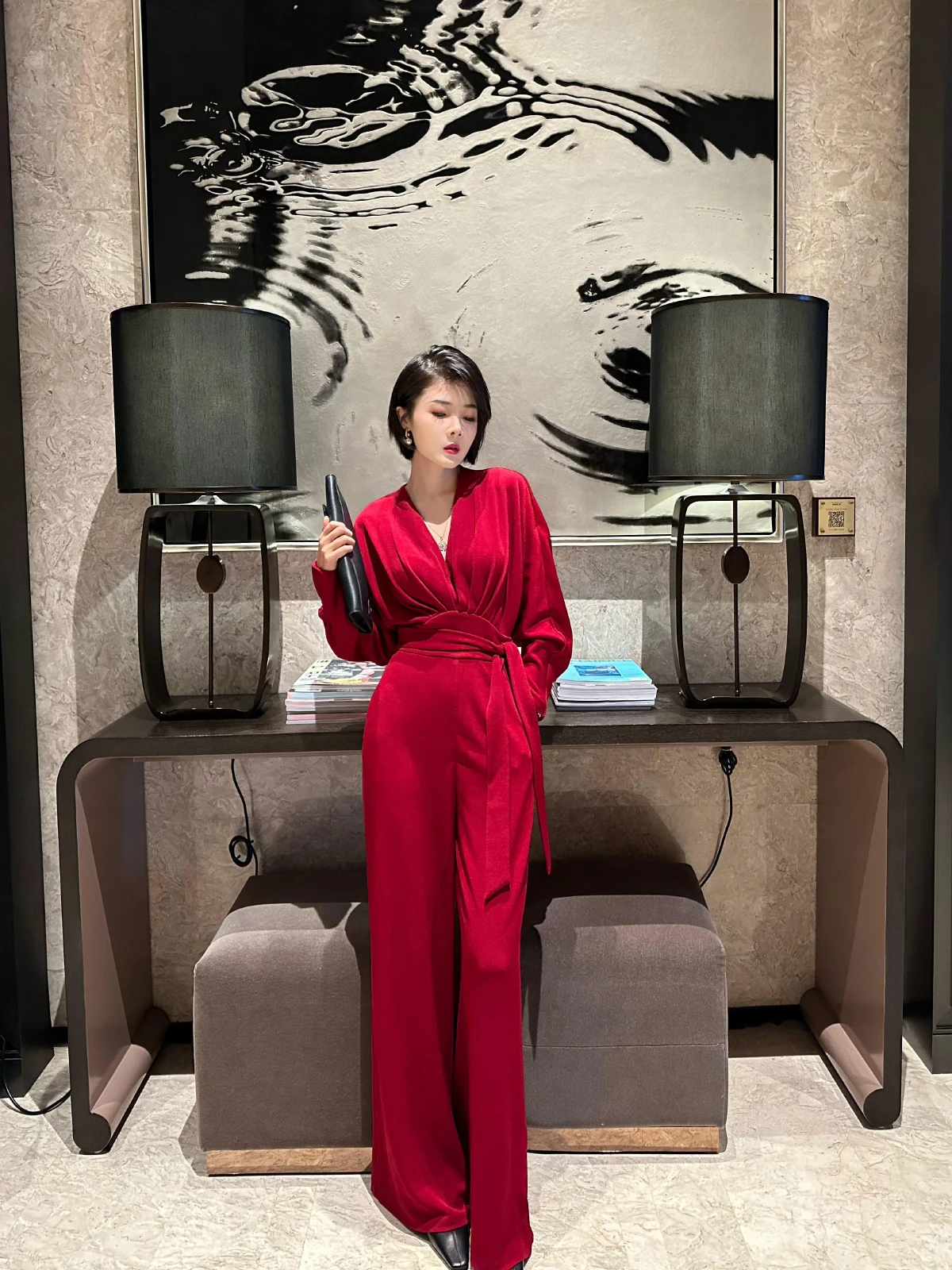 

XULU Original Autumn Winter Red Acetate Waist-Cinching Luxury Long Sve V-Ne Wide Leg Jumpsuit High Waist Straight Cut