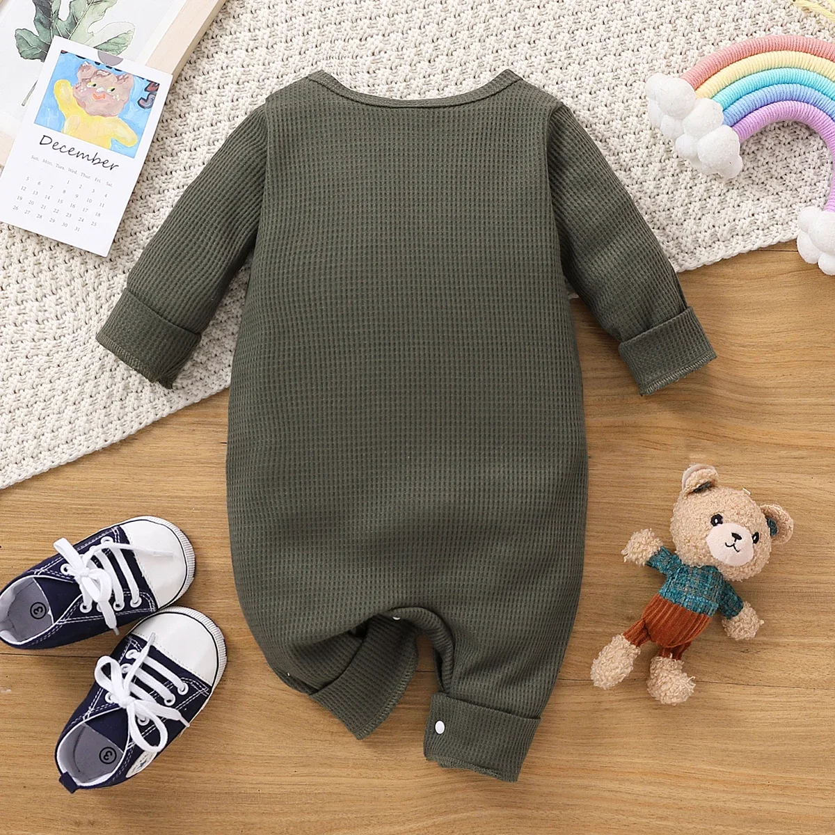 PatPat Baby Boy Rainbow Embroidered Long-sleeve Waffle Jumpsuit Soft and Comfortable  Perfect for Outings and Daily Wear