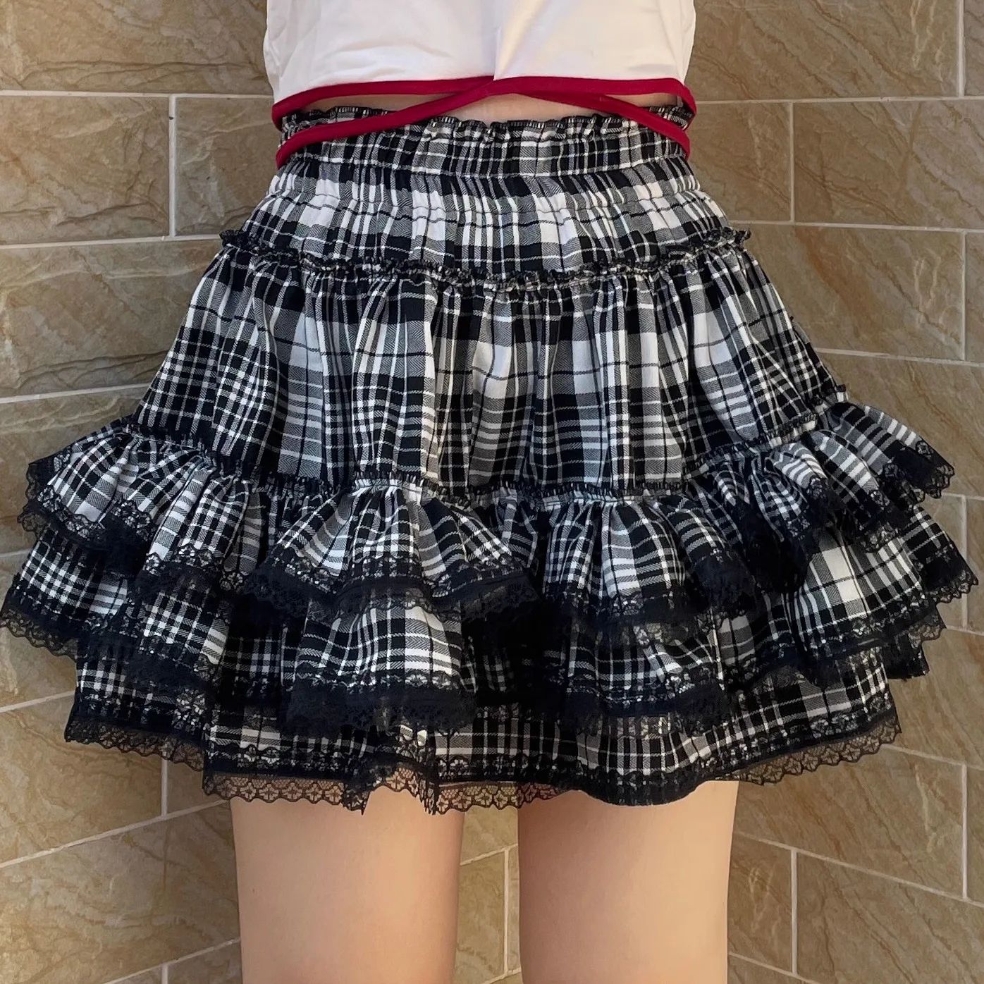 Ruibbit Japanese Gothic Harajuku Hot Girl Punk Black white Lace Plaid Ball Gown Cake Skirt Cross Y2k Mini Short Skirts