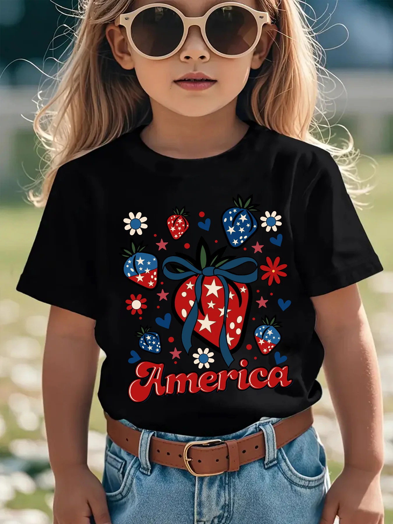 America Flag Strawberry Bow Floral Heart Star Family Matching Cotton Tees Short Sleeve Tops For Mom Dad Boys Girls Daily Wear