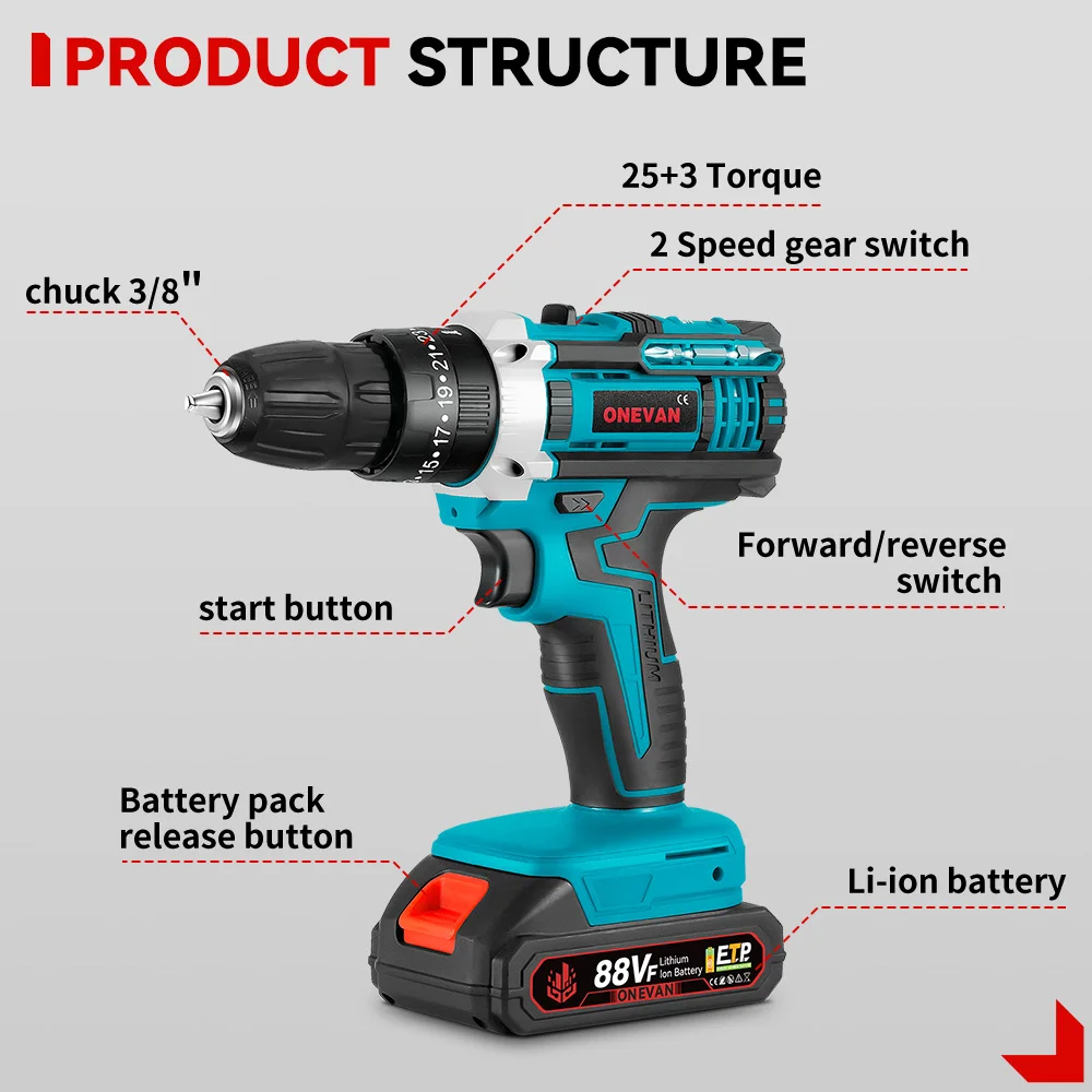 ONEVAN 25+3 Torque Electric Drill Portable Cordless Impact drill Furniture Wood Power Screwdriver Tools For Makita Battery Pin