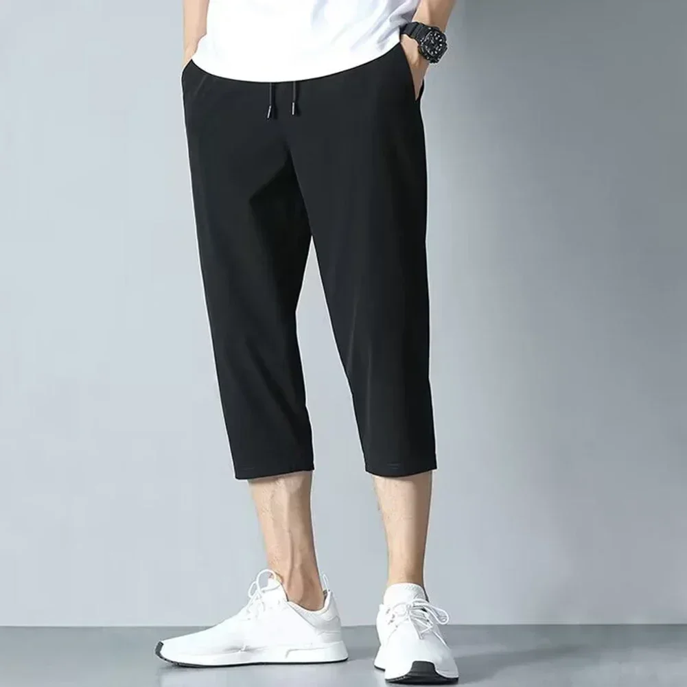 

Summer Breathable Casual Capris Pants Men Stretched Nylon Ice Silk Cooling Slim Chinos Male Business Straight Long Trousers