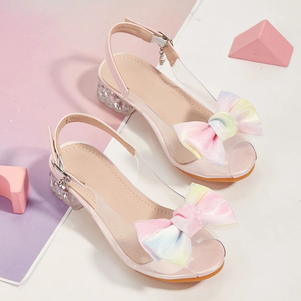 

Summer New Girls' High Heels Thick Heel Fashion Bow Girl's Princess Sandals Transparent Fish Mouth Children's Sandals
