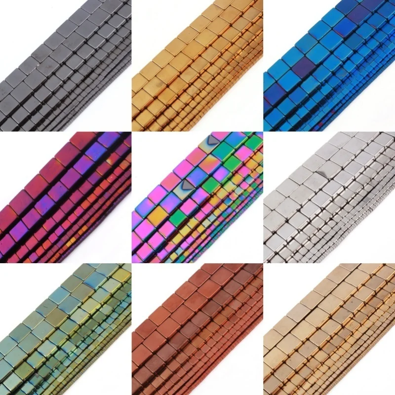 Natural Hematite Stone Beads Square Smooth Loose DIY Strand 15 Inch 2/4/6/8mm for Jewelry Making Bracelet Handmade Necklace
