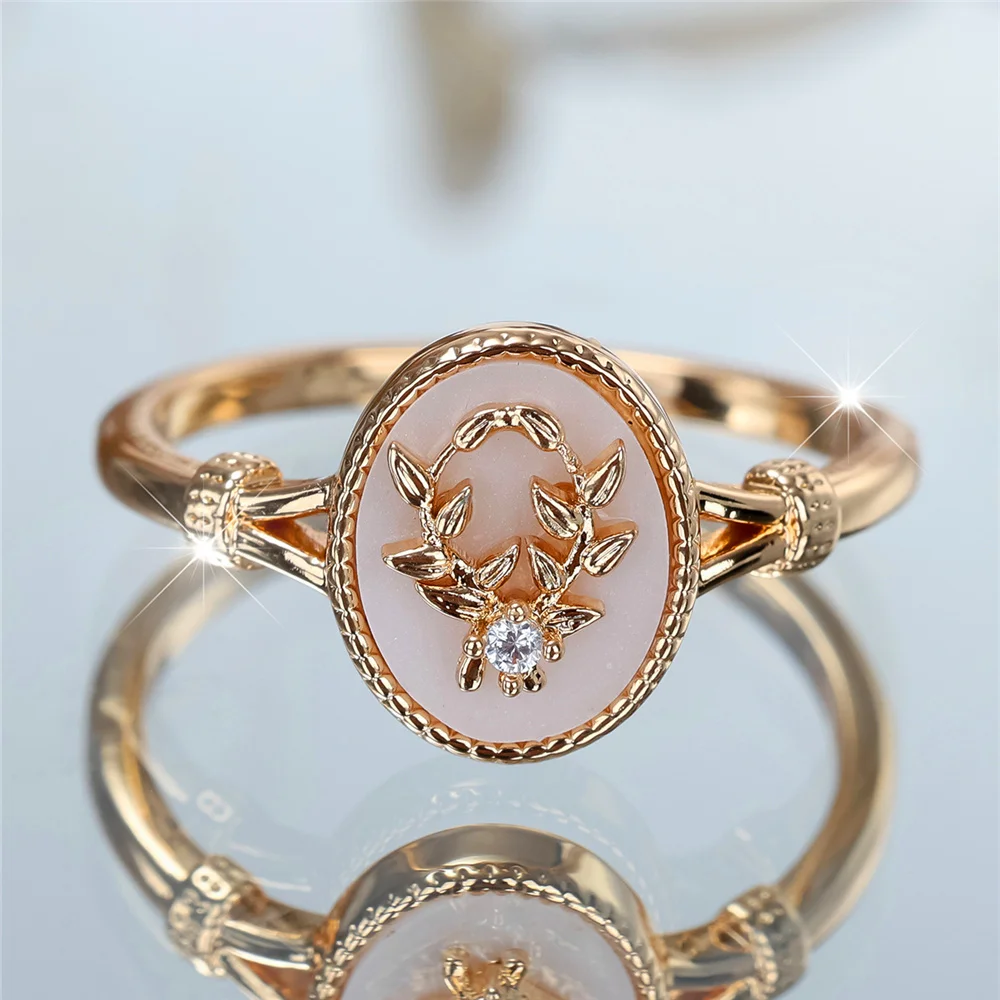 Anillo de planta de hoja ovalada de piedra esmaltada blanca para mujer, anillos Vintage de Color dorado y plateado para mujer, regalo de joyería de boda
