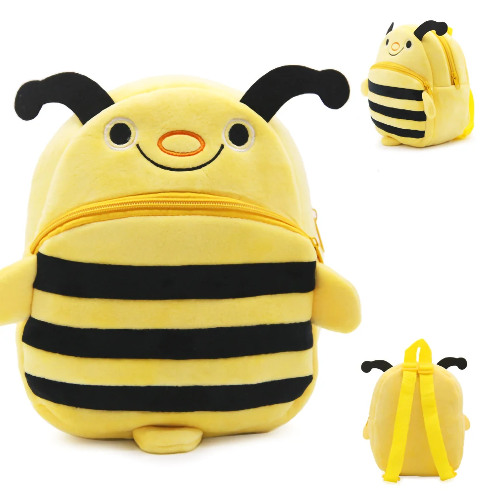 Kawaii Yellow Striped Bee Plush Backpack for Kids, Soft Fluffy Cartoon Animal Mini Daypack, Lightweight Adjustable Strap Small S
