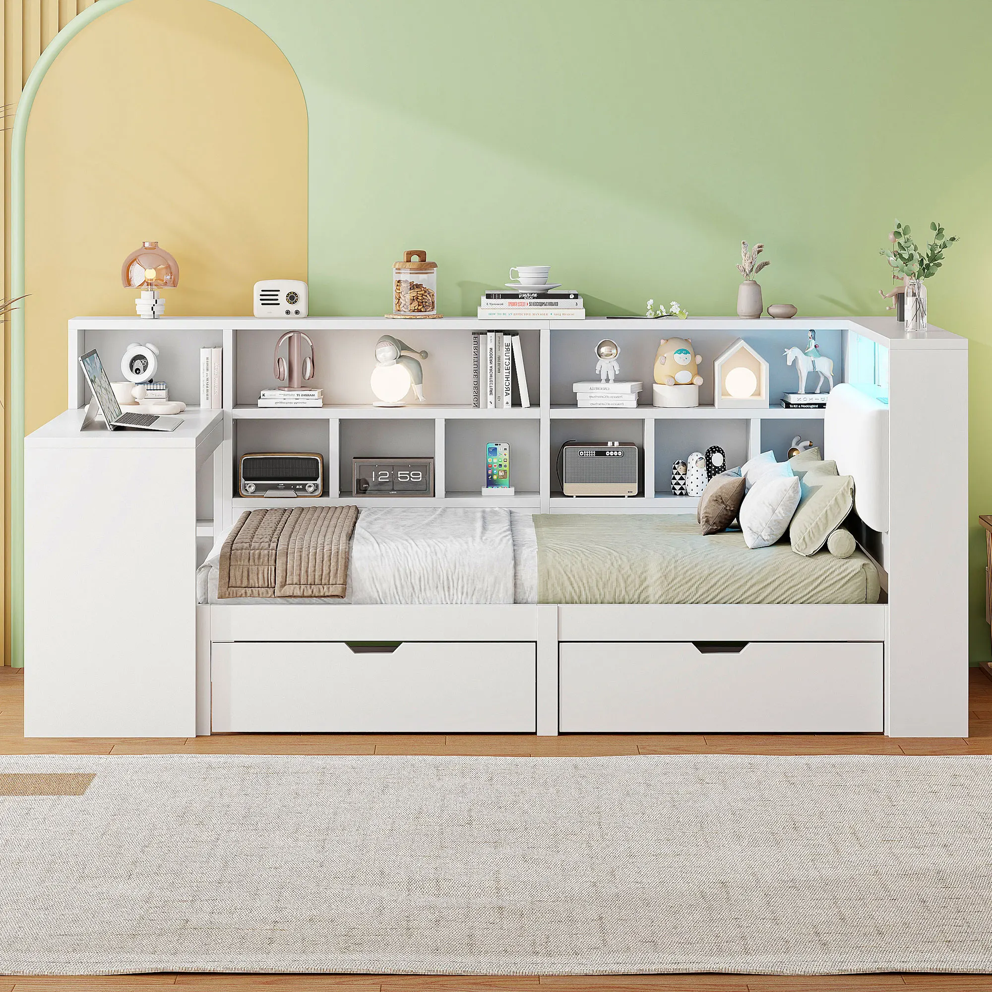 90x200 L-förmiges Plattformbett aus Holz mit Schreibtisch und Bücherregal, Eckkapitänsbett mit gepolstertem Kopfteil, Schubladen, LED-Licht – Detail 1