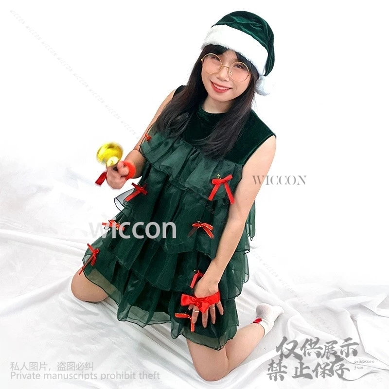 2024 Christmas Costume Cosplay Anime Dress Lolita Kawai Holiday Party Dance Suit Green Lace Cute Dress Hat Woman Girl Customized