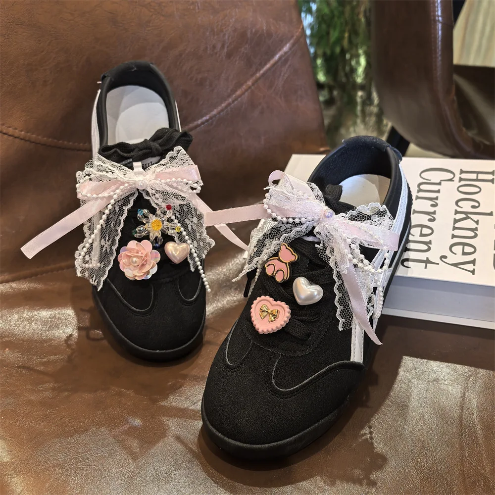 

Pink Pearl Lace Bow Shoe laces Charms for Sneakers Decorations Flower Bear Love Shoe Charm Buckle DIY Shoes Accessories 1Pc/2Pcs