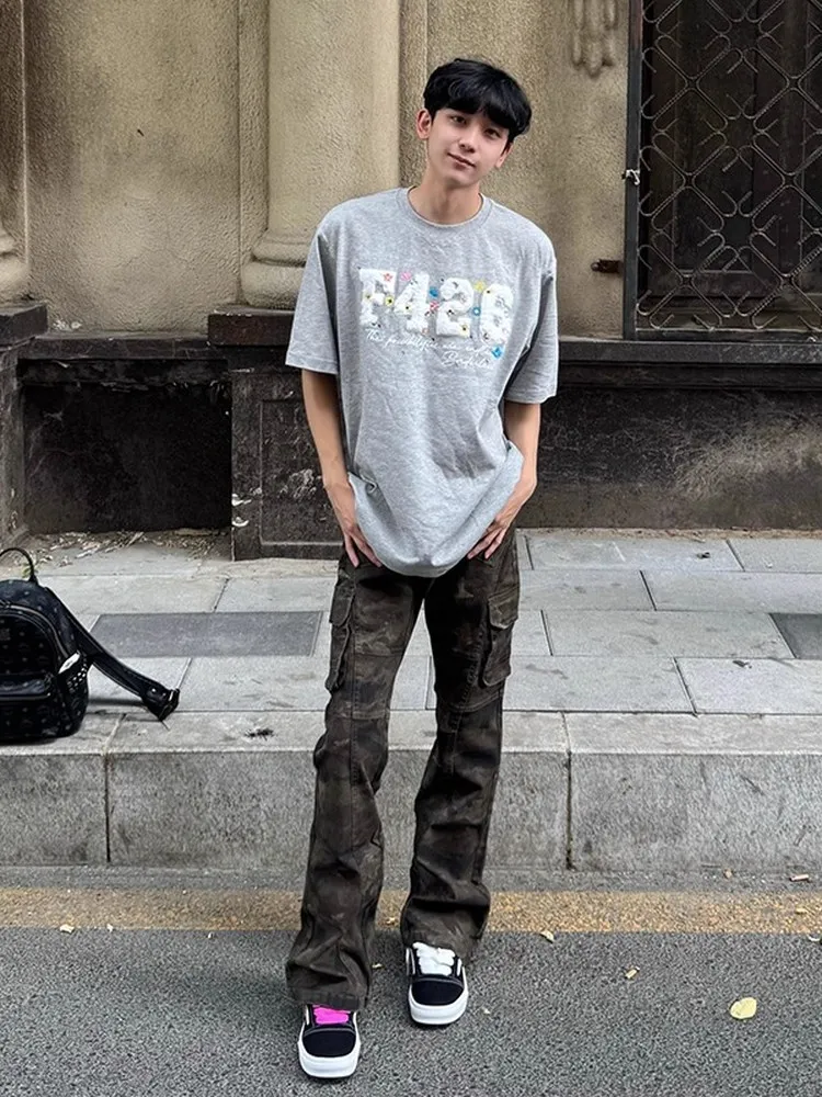 

Американские камуфляжные рабочие брюки в стиле ретро, мужские облегающие летние джинсы High Street Vibe, прямые повседневные дышащие свободные брюки