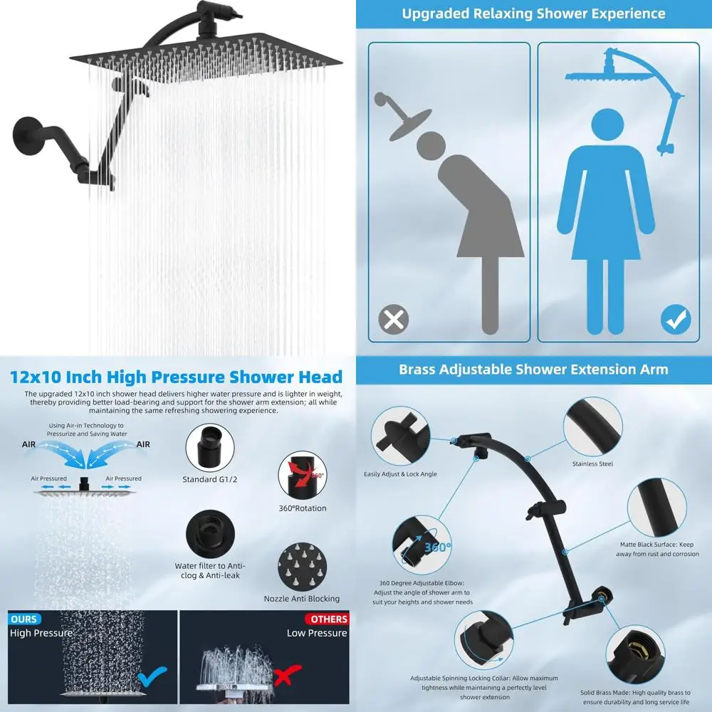 

12 High-Pressure Matte Black Rain Shower Head with 16 Extension Arm and Solid Brass Extender