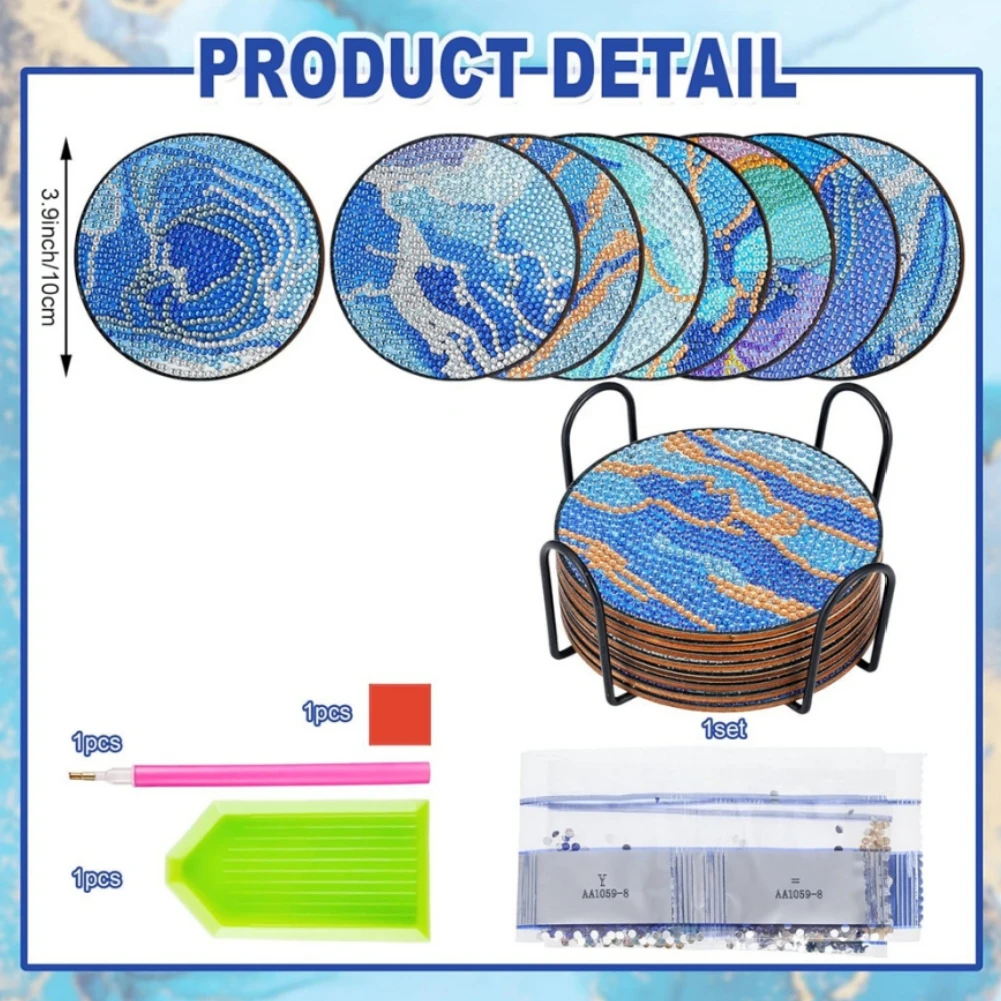 Diamond Art Painting Coasters 8pcs Kit Reusable DIY Marine Cup Coasters With Holder Mounting Tools Accessories