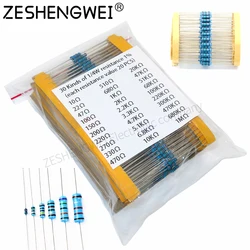 600 unids/set 30 tipos 1/4W resistencia 1% paquete de resistencias de película metálica Kit surtido 1K 10K 100K 220ohm 1M resistencias 300 unids/set