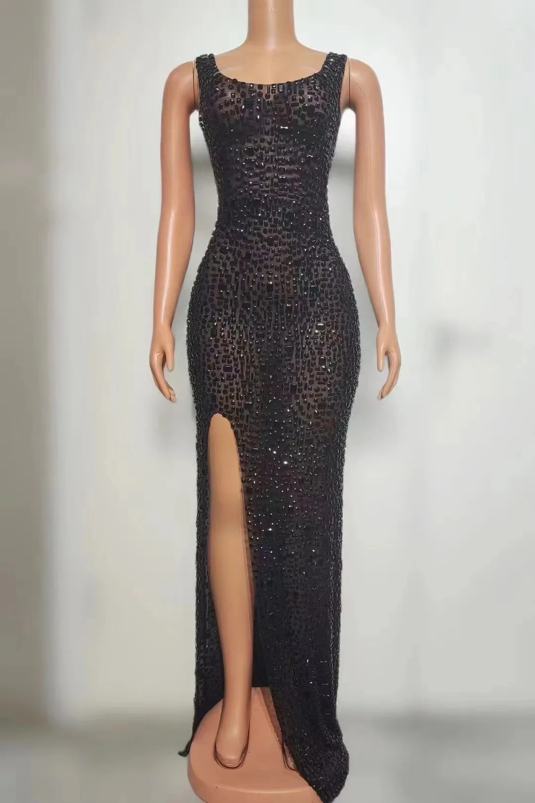 Flashing Rhinestones Sexy High Slit Sheath Dress Evening Party Dress Bar Nightclub Singer Dancer Performance Costume Stage Wear