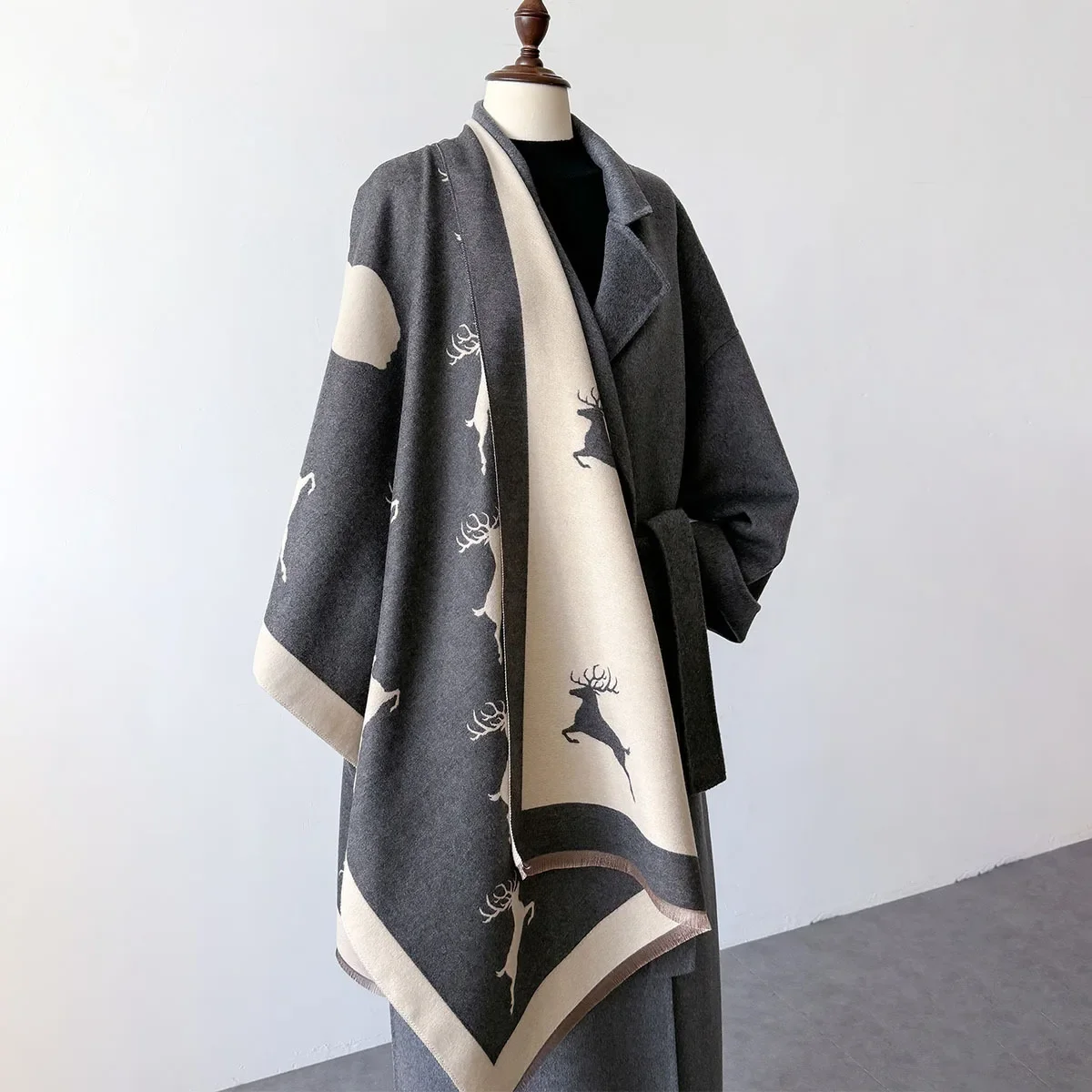 2024 Christmas Elk Print Winter Thick Cashmere Scarf Women Blanket Warm Office Pashmina Shawl Wraps Bufandas Poncho Echarpe Gift