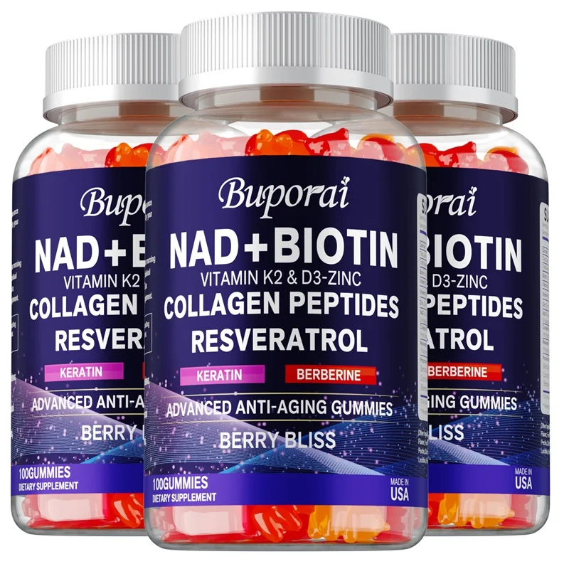 

NAD+, Resveratrol, Berberine, Biotin Anti-Aging Gummies - задержка старения, антиокислительная, уменьшает жир и похудение, защищает глаза