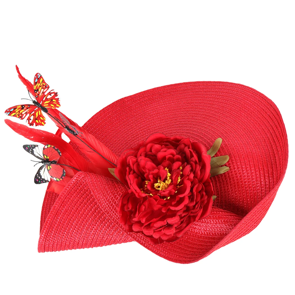 

Yellow Wide Brim Hat Handmade Women Fascinators Headband Bridal Hair Accessories Tea Party Wedding Straw Design Durability