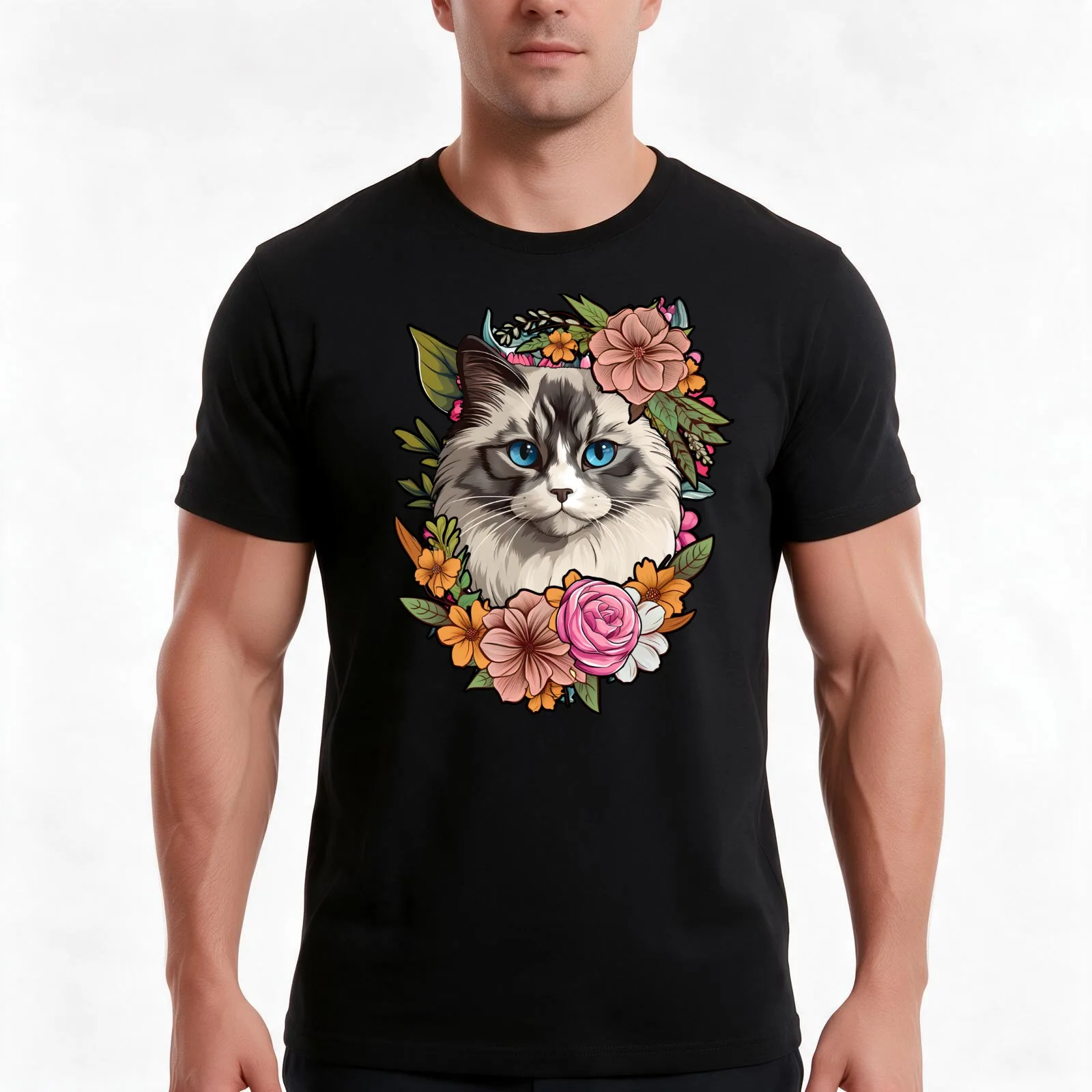 Cute Floral Ragdoll Cat T-Shirt, Summer Casual Cotton Tee, Oversized Streetwear Tops, Vintage Graphic Print, Unisex Men Women