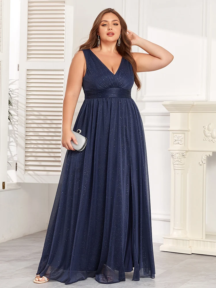 Women Sparkling Chiffon Sleeve Evening Dresses Side Slit Long Birthday Dress Double V-Neck A-Line Bridesmaid Dress